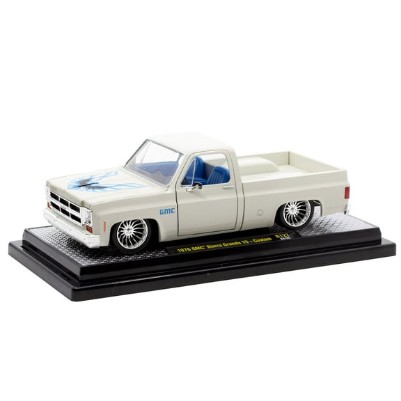 1976 GMC Sierra Grande 15 Custom Pickup Truck Eggshell White with Hood Graphics and Blue Interior Limited Edition to 6650 pieces Worldwide 1/24 Diecast Model Car by M2 Machines