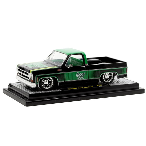 1976 GMC Sierra Grande 15 Pickup Truck "Quaker State" Black with Green Top Graphics and Interior Limited Edition to 6650 pieces Worldwide 1/24 Diecast Model Car by M2 Machines