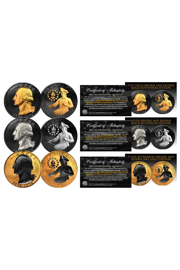 1976 Genuine Bicentennial Quarters 2-Sided BLACK RUTHENIUM Set of 3 ALL Versions