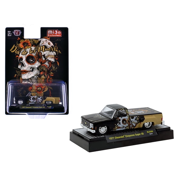 1977 Chevrolet Cheyenne Super 30 Pickup Truck "Dia De Los Muertos" Black with Graphics Limited Edition to 9900 pieces Worldwide 1/64 Diecast Model Car by M2 Machines