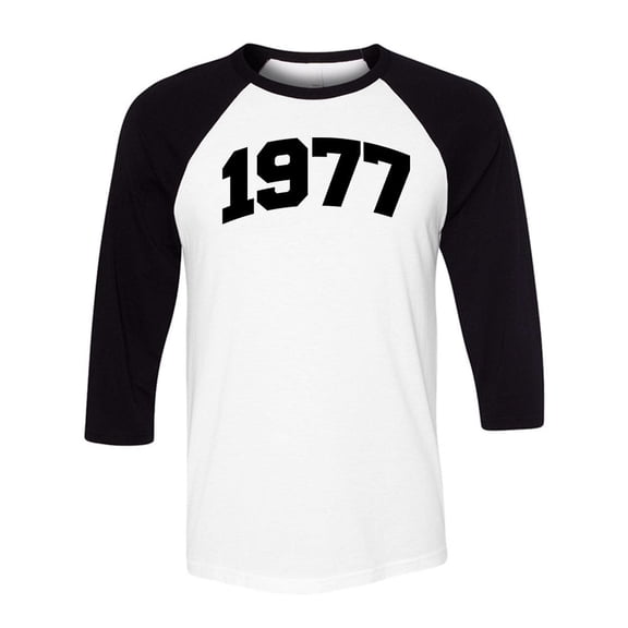 1977 College Style Three-Quarter Raglan Sleeve Baseball Shirt Unisex Large White/Black