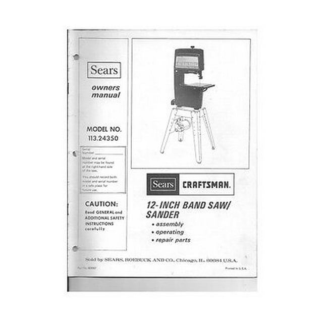 1977 Craftsman 113.24350 12" Band Saw/Sander Instructions REPRINT