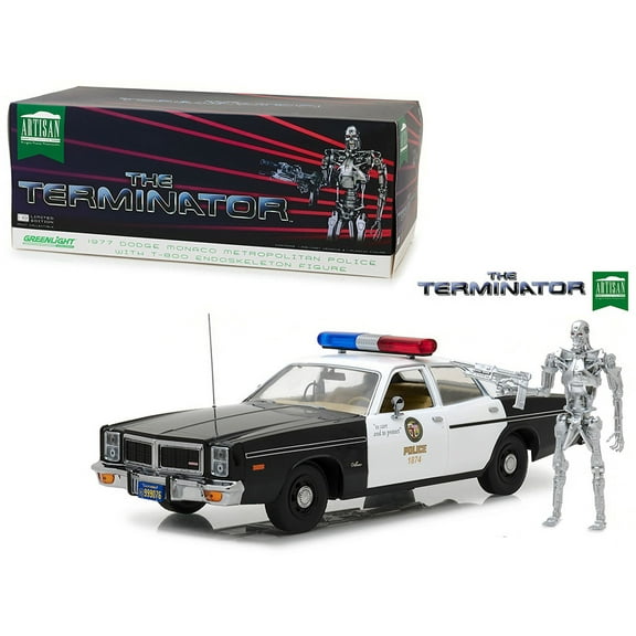Diecast 1977 Dodge Monaco Metropolitan Police with T-800 Endoskeleton Figurine "The Terminator" (1984) Movie 1/18 Diecast Model Car From Greenlight
