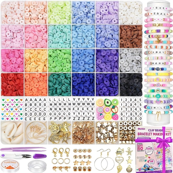 LAPTOM MAX 1977 Pcs Clay Pony Beads Kit, 64 Colors 9mm Plastic Letter Beads with Elastic String for DIY Bracelet Jewelry Crafts Birthday Gift for Girls