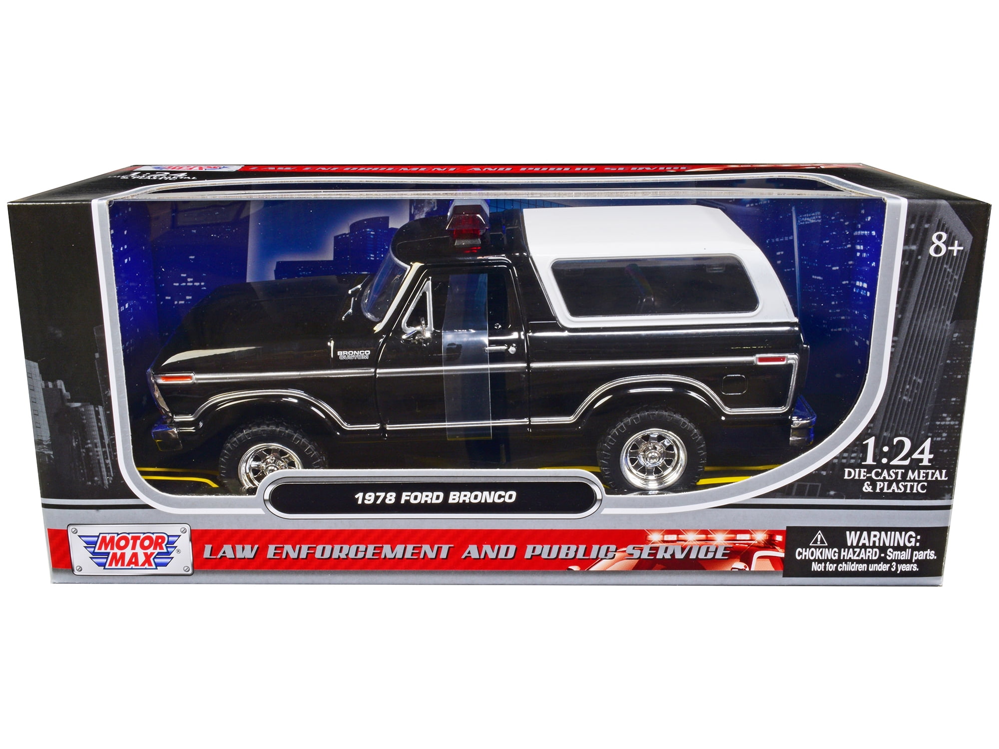 1978 Ford Bronco Police Car Unmarked Black w/White Top "Law Enforcement and Public Service" 1/24 Diecast Model Car by Motormax