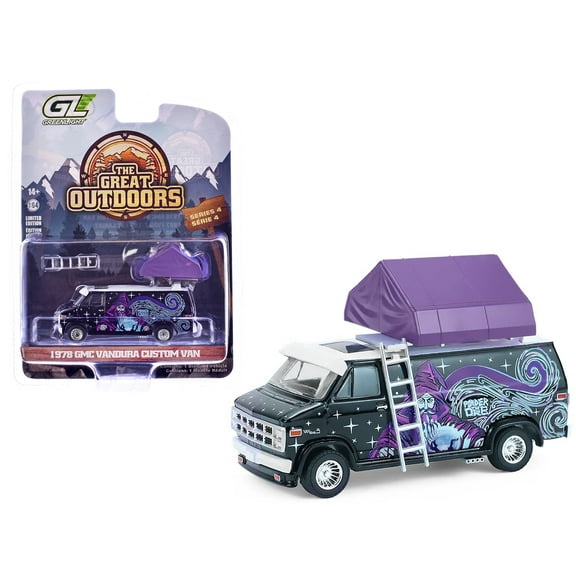 1978 GMC Vandura Custom Van Black with Graphics and White Top w/Cartop Sleeper Tent 1/64 Scale Diecast Model Cars by Greenlight