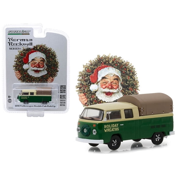 1978 Volkswagen Double Cab Pickup with Canopy "Holiday Wreaths" Green and Yellow 1/64 Diecast Model by Greenlight