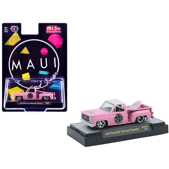 1979 Chevrolet Silverado Stepside Truck "Maui & Sons" Pink with White Top and Surfboard 1/64 Diecast Model Car by M2 Machines