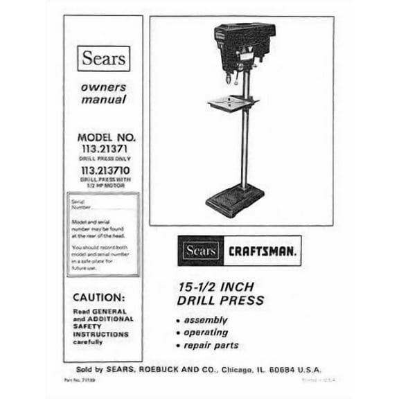 1979 Craftsman 113.21371/113.213710 15" Floor Drill Press SP4399-2 REPRINT
