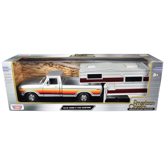 1979 Ford F-150 Custom Pickup Truck Silver Metallic with Side Stripes with Camper Shell "American Classics" Series 1/24 Diecast Model Car by Motormax