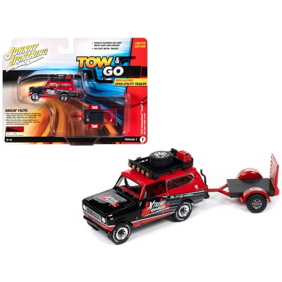 1979 International Scout II Red and Black "Xtreme Quads" with Open Utility Trailer "Tow & Go" Series 1/64 Diecast Model Car by Johnny Lightning