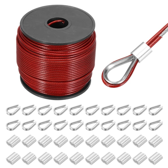 197Ft(60M) Wire Rope 304 Stainless Steel Cable 1/12"(2mm) Vinyl Coated with 20pcs Aluminum Sleeves and Thimble for Hanging, Clotheslines, Lifting Red