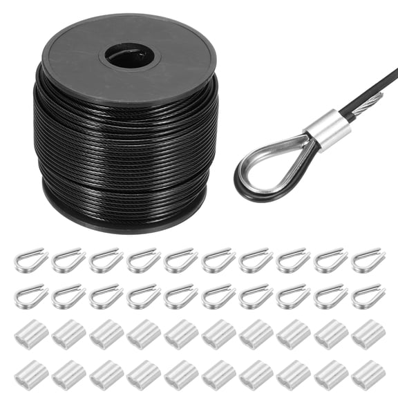 197Ft(60M) Wire Rope 304 Stainless Steel Cable 1/16"(1.5mm) Vinyl Coated with 20pcs Aluminum Sleeves and Thimble for Hanging, Clotheslines, Lifting Black