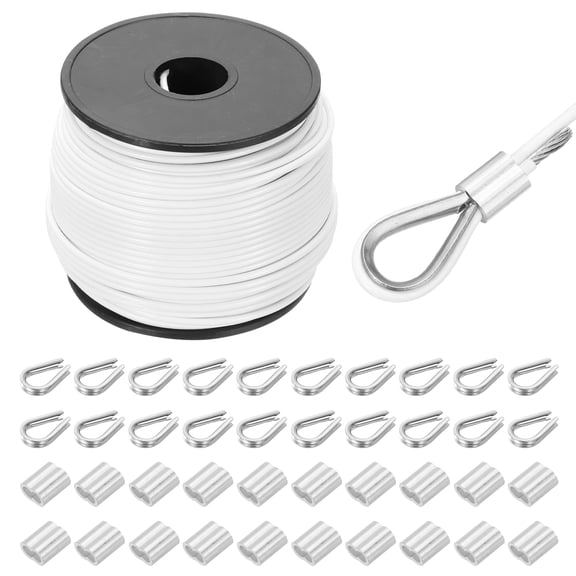 197Ft(60M) Wire Rope 304 Stainless Steel Cable 1/16"(1.5mm) Vinyl Coated with 20pcs Aluminum Sleeves and Thimble for Hanging, Clotheslines, Lifting White