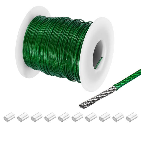 197Ft Wire Rope 304 Stainless Steel Cable 1/32" Vinyl Coated with 10pcs Aluminum Sleeves Green
