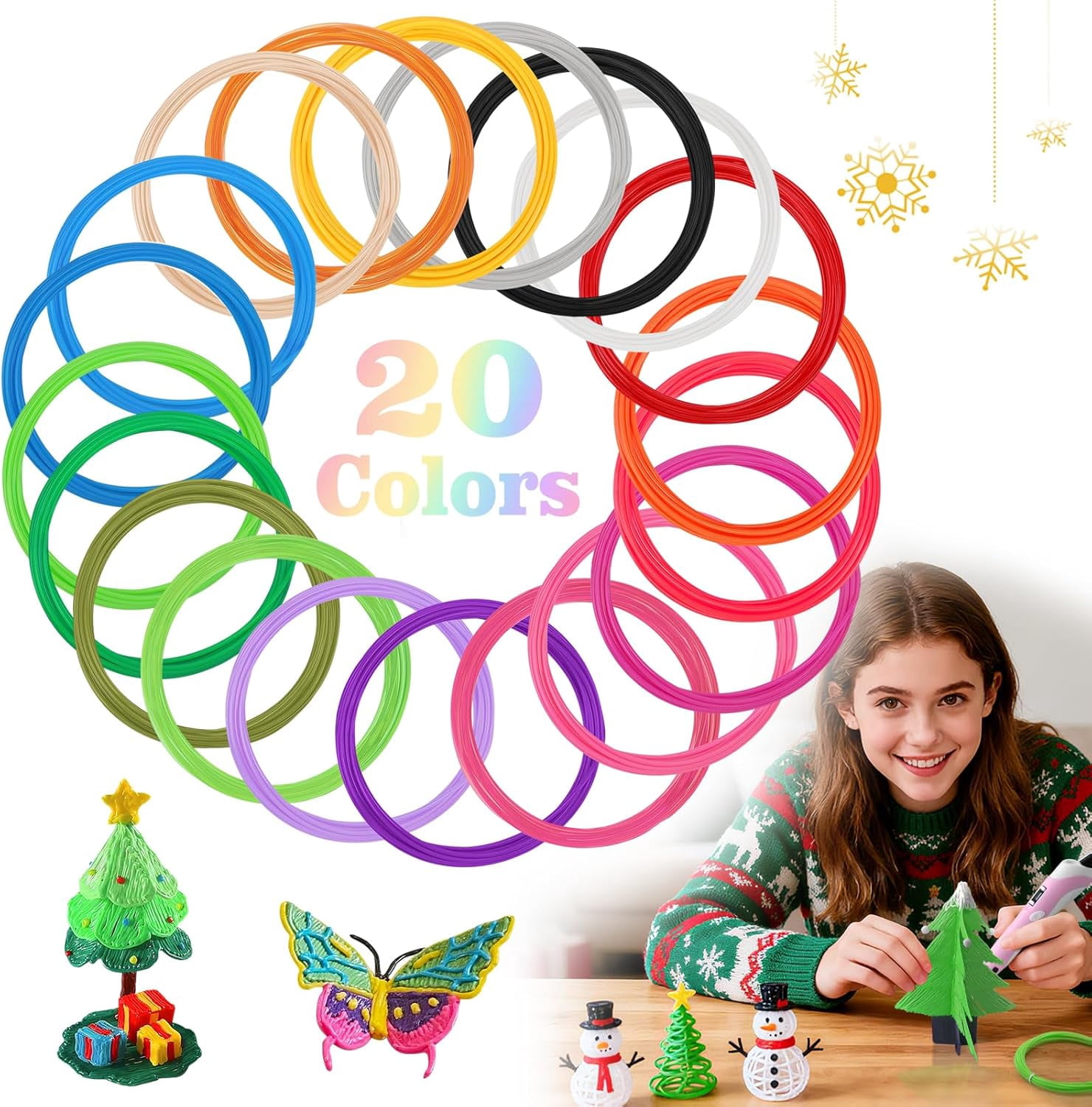 197ft PLA 3D Pen Filament Refills - 20-Color 1.75mm 3D Printer Refills, Kids Safe, Compatible with , Printing Pen, Each Color 9.8ft
