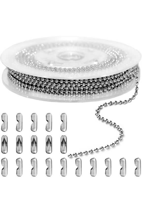 197in Ball Chain 2.4mm Stainless Steel Bead Link Chain Roll for DIY Beaded Necklace Silver (40pcs Connectors)