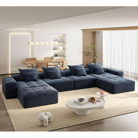 198.43" Oversized Modular U Shaped Sectional Couch, Comfy Sparkling Chenille Deep Seat Sofa with Ottoman, Modern DIY Combination Tufted Sofa Couches for Living Room, No Assembly Required Blue