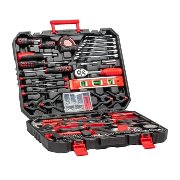 198-Piece Black & Red Hand Tool Set, Steel Forged Chrome Finish, Home Garage Automotive Repair Kit with Blow Mold Case