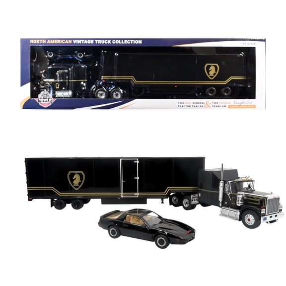 1980 GMC General Truck with Trailer Black with Gold & 1982 Pontiac Firebird Trans Am Black 1/43 Diecast Model by Iconic Replicas