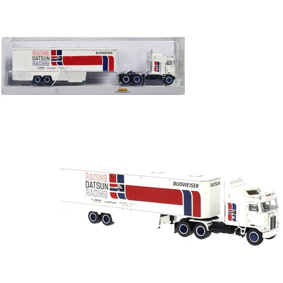 1980 Kenworth K-100 COE Aerodyne Transporter White "Datsun Racing" 1/87 (HO) Scale Model Car by Brekina