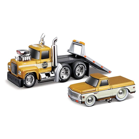 Diecast 1980 Mack A685ST Flatbed Truck "Madman Garage" and 1972 Chevrolet C10 Pickup Truck Gold Metallic and Beige "Muscle Transports" Series 1/64 Diecast Models by Muscle Machines
