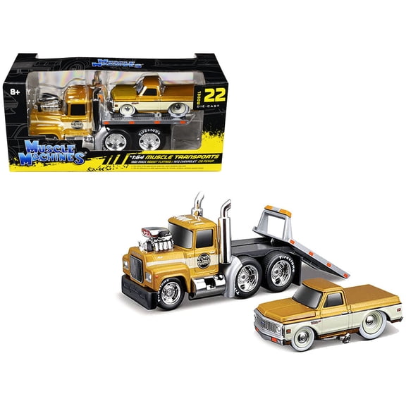1980 Mack A685ST Flatbed Gold Met w/ Beige & 1972 Chevrolet C10 Truck Gold Met and Beige 1/64 Die Cast Models by Muscle Machines