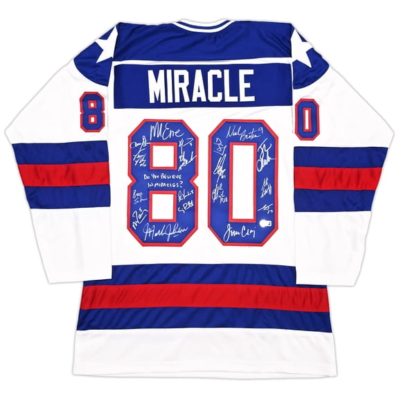 1980 Team USA Miracle on Ice Autographed White Jersey "Do You Believe In Miracles?!" With 18 Signatures Including Eruzione & Craig Beckett BAS Witness Stock #254436