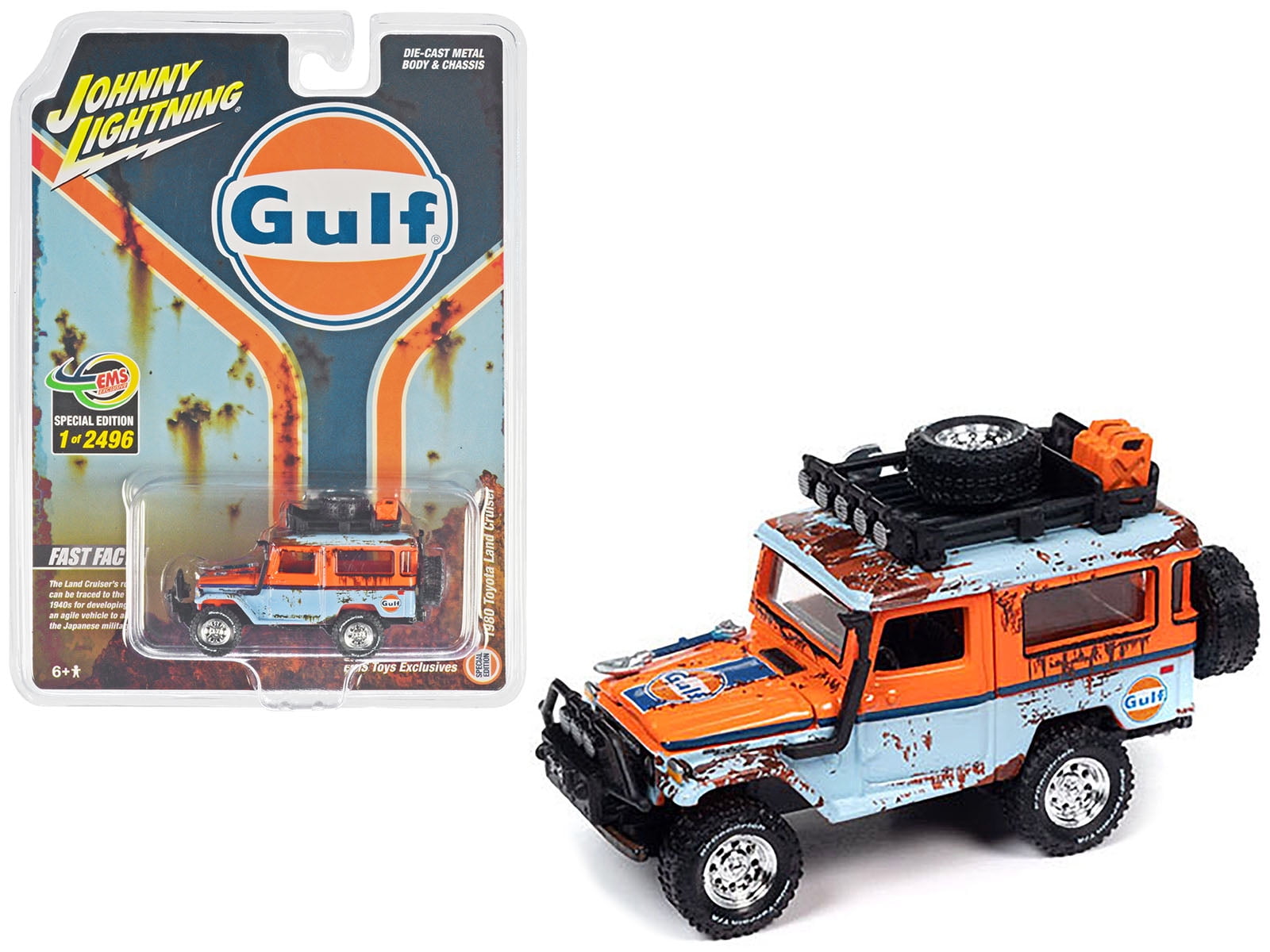 1980 Toyota Land Cruiser Light Blue and Orange (Rusted Version) w/Roof Rack Ltd Ed 1/64 Diecast Model Car by Johnny Lightning