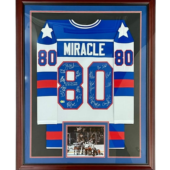 1980 U.S. Olympic Hockey Team Autographed (USA White #80) Deluxe Framed Jersey - Miracle On Ice - 19 Team Member Signatures - Beckett Witness
