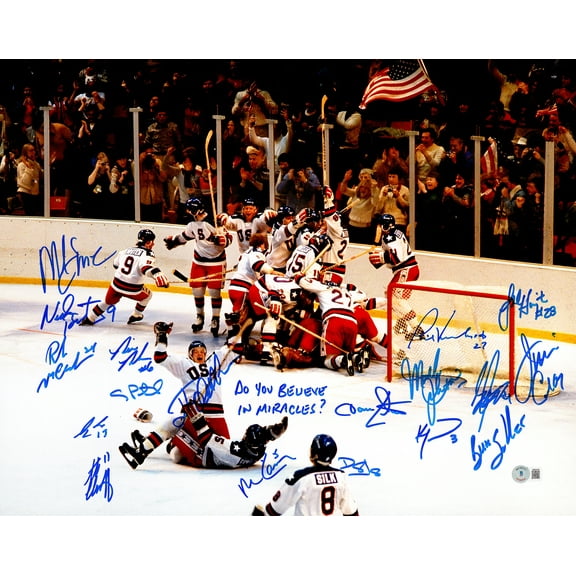 1980 USA Olympics Hockey Miracle On Ice Team Signed Autographed 16x20 Photo "Do You Believe In Miracles?!" With 18 Signatures Including Jim Craig & Mike Eruzione Beckett BAS Witness 236157