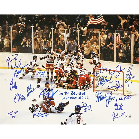 1980 USA Olympics Hockey Miracle On Ice Team Signed Autographed 16x20 Photo "Do You Believe In Miracles?!" With 19 Signatures Including Jim Craig & Mike Eruzione Beckett BAS Witness 220106