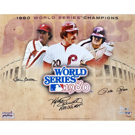 1980 World Series Champion Philadelphia Phillies Autographed 16x20 Photo With 3 Signatures Including Mike Schmidt, Pete Rose & Steve Carlton MLB Holo 195178