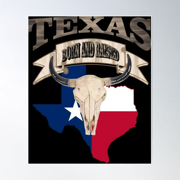 1980S Bull Skull Born And Raised Lone Star Texan Texas Poster Wall Art, Modern Wall Decor For Living Room Bedroom, 16x24 UNFRAMED