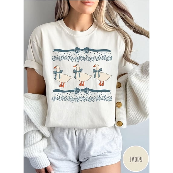 1980s Blue Ribbon Goose With Hearts Ugly T-shirt, Vintage Original T-shirt Bows And Adorable Doodle Hearts Animal Lover T-shirt, Duck T-shirt.