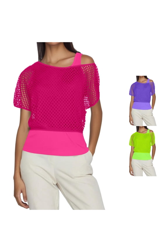 1980s Neon Festival Fishnet Short Sleeve Top for Party and Dance Events Turtle Neck Ladies women Long Top women Tee Tops