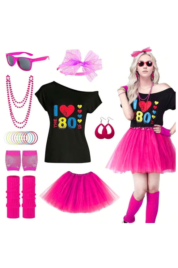 1980s Women's Kit - Retro 80s Party Outfit Including Tutu, Top & Accessories for Dress Up Events