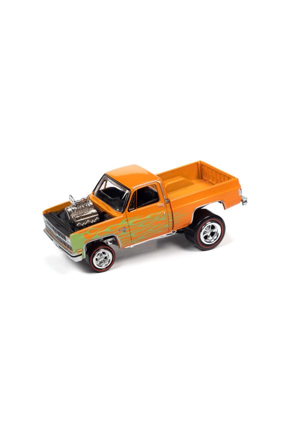 1981 Chevy Silverado 10 Fleetside, Orange w/Green Flames - Johnny Lightning JLSF021/48B - 1/64 Scale Diecast Model Car