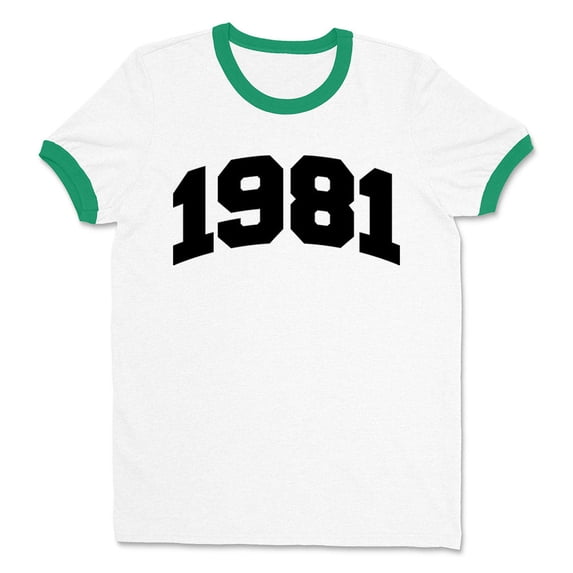 1981 College Style Ringer Tee Shirt Unisex X-Large White/Kelly Green