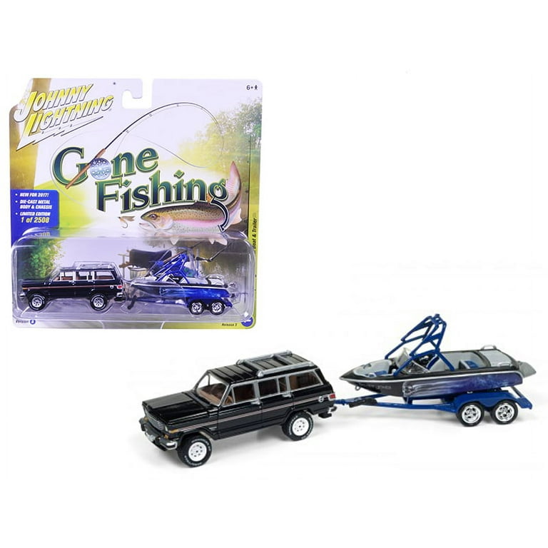 1981 Jeep Wagoneer Midnight Blue with Boat & Trailer Gone Fishing Limited  to 2508pc 1/64 Diecast by Johnny Lightning