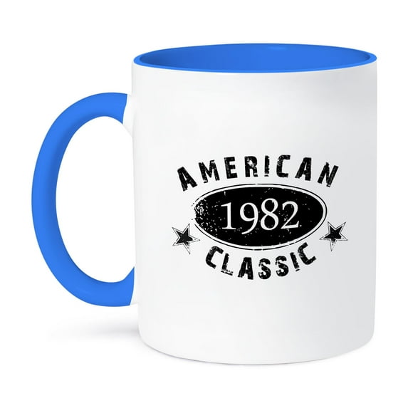 3dRose, 1982 American Classic - Personalized Birth Year Birthday gift - black grunge vintage look - funny, 15oz Two-Tone Blue Mug