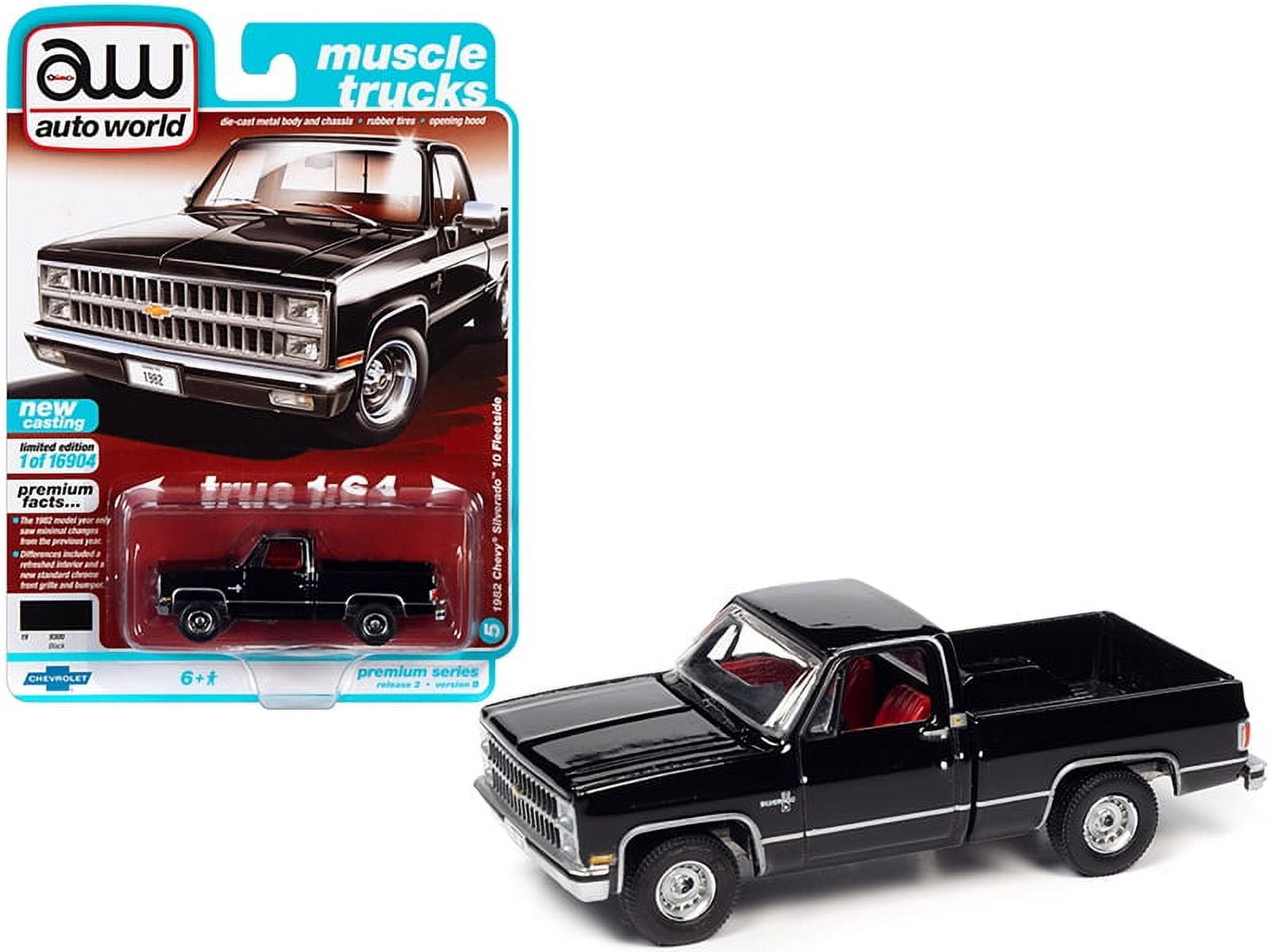 1982 Chevrolet Silverado 10 Fleetside Pickup Truck Black w/Red Interior Ltd Ed 16904 pcs 1/64 Diecast Model Car by Autoworld