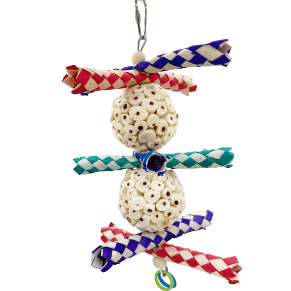 1982 Duo Small Sola Trap Bird Toy with Two Sola Balls, Finger Traps and Plastic Rings Handcrafted by Impeckable Bird Toys Great for Parrotlets, Budgies, Lovebirds and Finches