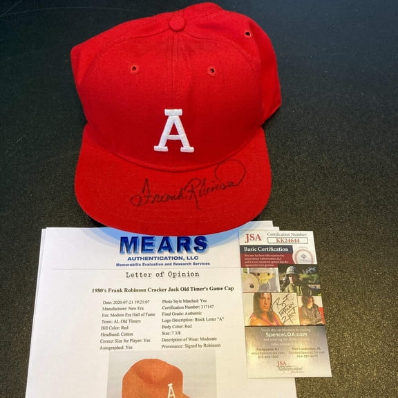 1982 Frank Robinson Signed Game Used Cracker Jack Old Timers Game Hat JSA MEARS