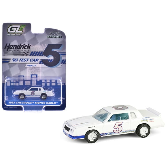 1983 Chevrolet Monte Carlo #5 "Hendrick Motorsports First Test Car Tribute" White with Blue Stripes and Interior "Hobby Exclusive" Series 1/64 Diecast Model Car by Greenlight