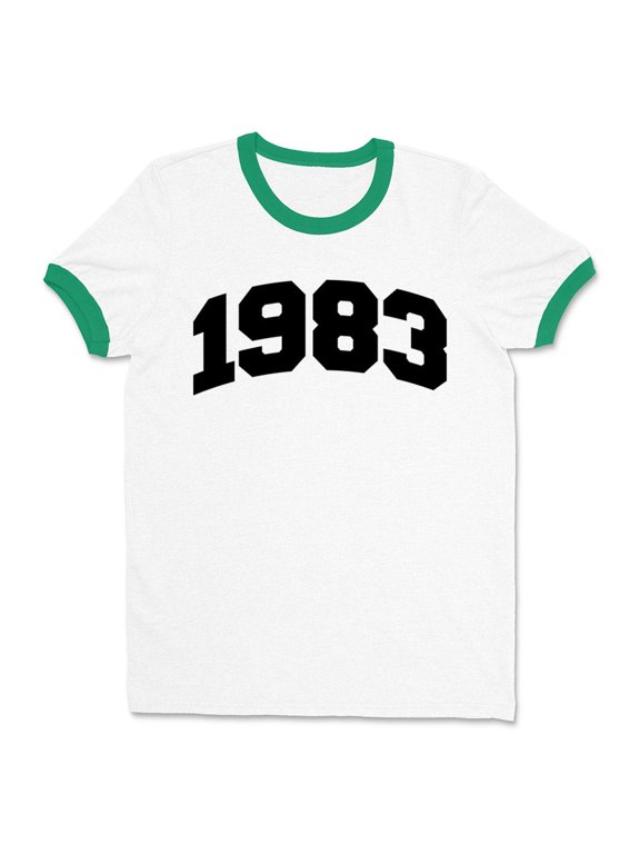 1983 College Style Ringer Tee Shirt Unisex Medium White/Kelly Green