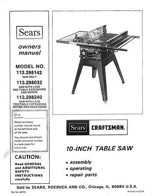 1983 Craftsman 113.298032 10 TABLE SAW WITH LEGS OWNERS INSTRUCTION MANUAL REPRINT Walmart