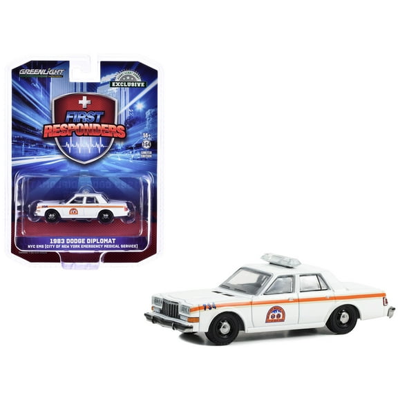 1983 Dodge Diplomat "NYC EMS (City of New York Emergency Medical Service)" White with Orange Stripes "First Responders - Hobby Exclusive" Series 1/64 Diecast Model Car by Greenlight