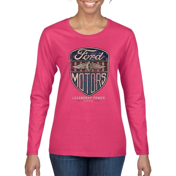 1983 Vintage Distressed Ford Motors Legendary Power Cars and Trucks Womens Graphic Long Sleeve T-Shirt, Fuschia, Small