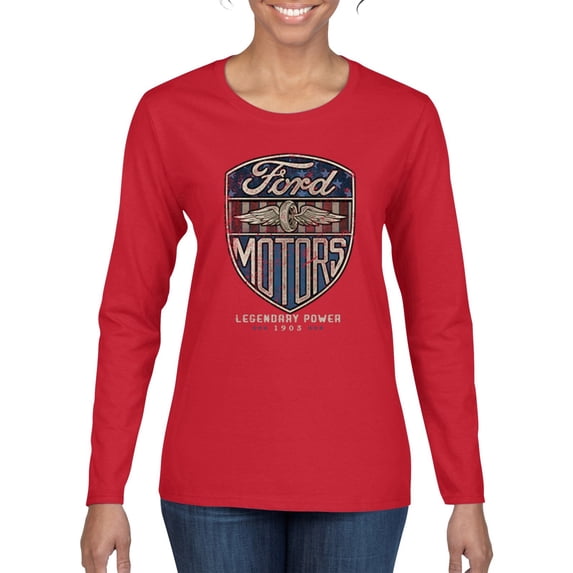 1983 Vintage Distressed Ford Motors Legendary Power Cars and Trucks Womens Graphic Long Sleeve T-Shirt, Red, Large